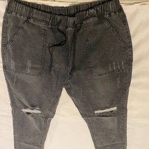 Women's Ripped Denim Pants with Elastic Waistband B94 Gray, Size M